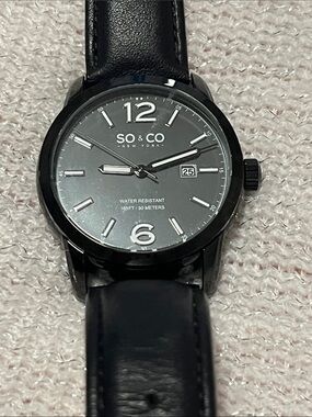 SO & CO New York Black Leather Strap Watch - Black Dial